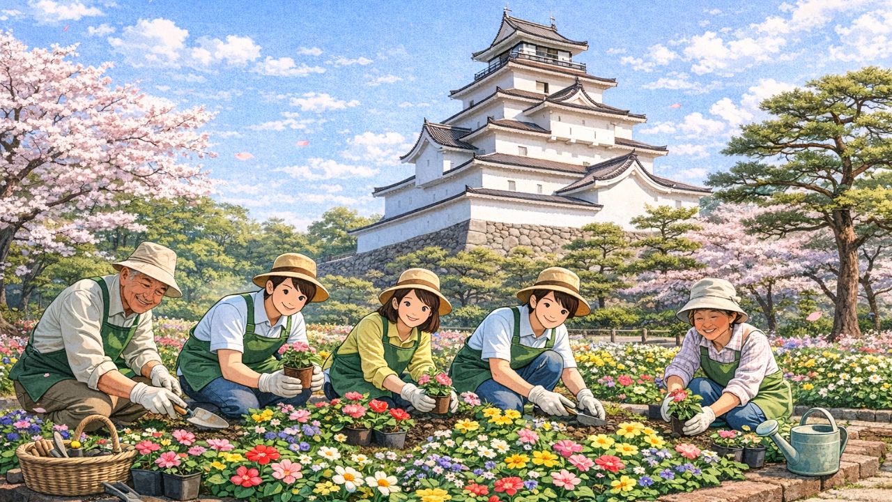公共花壇の手入れの写真